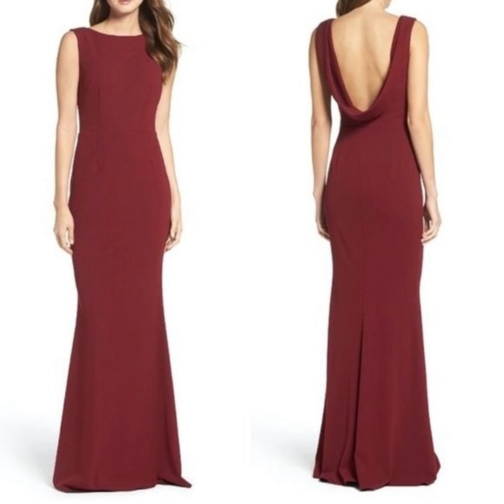 Katie May Vionnet Drape Open Back Crepe Gown Sleeveless Dress Bordeaux Red